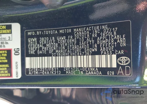 2017 Toyota Corolla Le из США, поврежденный, VIN 2T1BURHEXHC847367